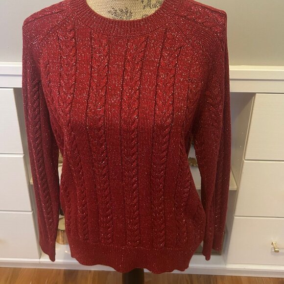 Athleta Crossroads Crewneck Cable Knit Red Metallic Holiday Sweater XS - Picture 1 of 9